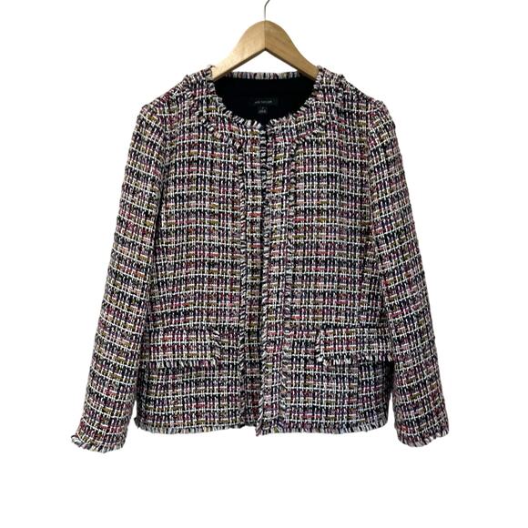 Ann Taylor Multicolor Tweed Blazer Jacket Fringe Trim Size 12 Parisian Chic - Picture 1 of 10